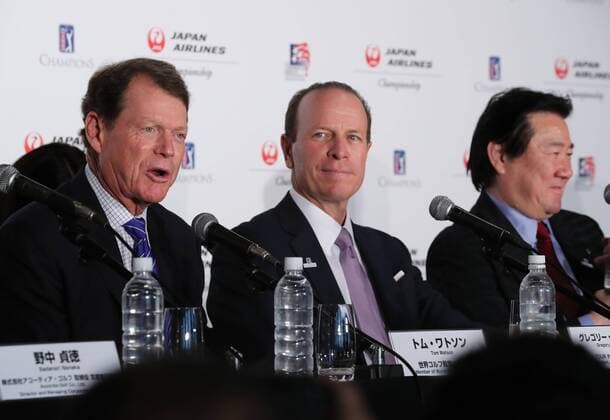 October 18, 2016, Tokyo, Japan - (L-R) US golf legend Tom Watson, PGA Golf Herren TOUR Champions president Greg McLaughlin and Japan Airlines president Yoshiharu Ueki announce a PGA TOUR tournament will be held in Japan next year at a press conference PK Pressekonferenz in Tokyo on Tuesday, October 18, 2016. The Japan Airlines championship, the first ever PGA TOUR sanctioned event to be played in JApan will be held at the Narita Golf Club, suburban Tokyo in September 2017. Noxthirdxpartyxsales  (lwxa005475)