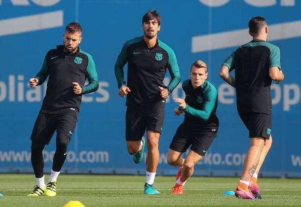 October 18, 2016 - Barcelona, Spain - Jordi Alba, Andre Gomes and Lucas Digne during the FC Barcelona Barca training, in Barcelona, on October 18, 2016. FC Barcelona Training Session and press conference PK Pressekonferenz  - ZUMAn230 20161018_zaa_n230_072