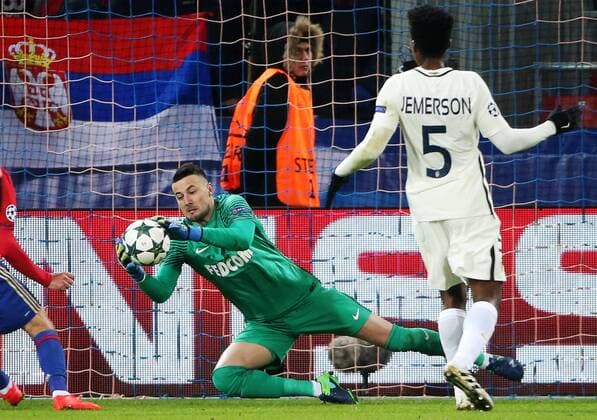 MOSCOW, RUSSIA - OCTOBER 18, 2016: Monaco s Jemerson (R) looks on as goalkeeper Danijel Subasic makes a save in their 2016 17 Season UEFA Champions League Group E Round 3 football match against FC CSKA Moscow at the Arena CSKA Stadium. Valery Sharifulin TASS  TS034DB5