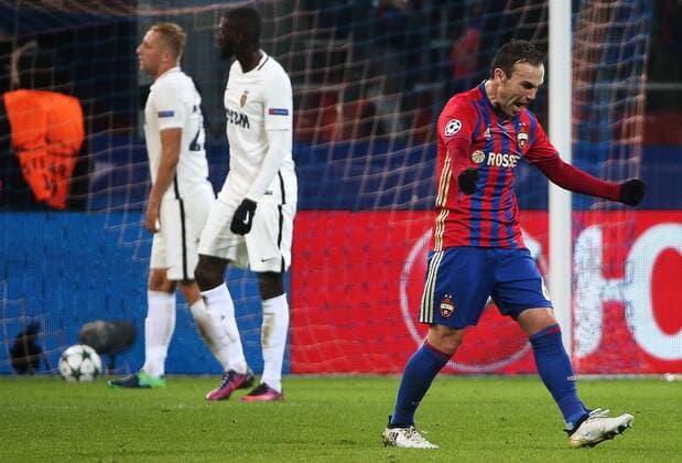 MOSCOW, RUSSIA - OCTOBER 18, 2016: CSKA Moscow s Bibras Natkho (R) celebrates a goal in their 2016 17 Season UEFA Champions League Group E Round 3 football match against AS Monaco at the Arena CSKA Stadium. Valery Sharifulin TASS  TS034DB9
