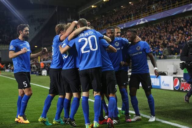 Club s Jelle Vossen celebrates after scoring during the third game of the group stage of the UEFA Champions League competition between Belgian first division soccer team Club Brugge KV and Portugese club FC Porto in Brugge, Tuesday 18 October 2016. BRUNOxFAHY  x04959739x