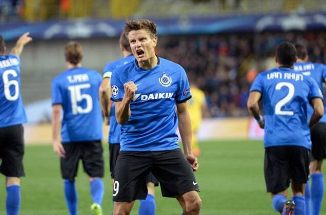 Jelle Vossen forward of Club Brugge celebrates with teammates after scoring FOOTBALL : FC Bruges vs FC Porto - Ligue des Champions - 18 10 2016 Photonews Panoramic 