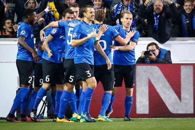 Club s Jelle Vossen celebrates after scoring during the third game of the group stage of the UEFA Champions League competition between Belgian first division soccer team Club Brugge KV and Portugese club FC Porto in Brugge, Tuesday 18 October 2016. KURTxDESPLENTER  x04959749x