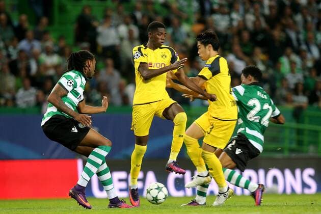 Ruben Semedo ( Sporting Lissabon 35) Ousmane Dembele (Borussia Dortmund 7) Shinji Kagawa (Borussia Dortmund 23) Elias ( Sporting Lissabon 22), Sporting Lissabon vs. Borussia Dortmund , Fussball, Champions League, Gruppenphase, 18.10.2016, Lissabon Copyright: xLangerx xEibner-Pressefotox EP_HLR