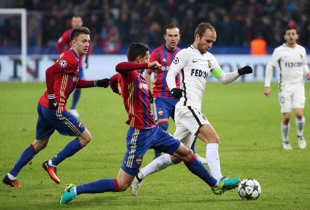 MOSCOW, RUSSIA - OCTOBER 18, 2016: CSKA Moscow s Alexander Golovin, Georgi Milanov and Monaco s Valere Germain (L-R) fight for the ball in their 2016 17 Season UEFA Champions League Group E Round 3 football match at the Arena CSKA Stadium. Valery Sharifulin TASS  TS034DC6