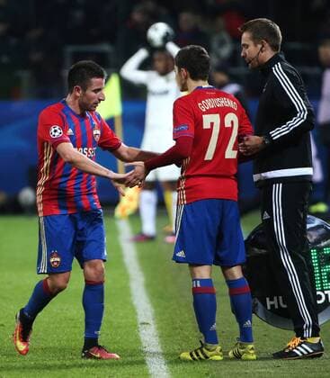 MOSCOW, RUSSIA - OCTOBER 18, 2016: CSKA Moscow s Zoran Tosic (L) and Astemir Gordyushenko in their 2016 17 Season UEFA Champions League Group E Round 3 football match against AS Monaco at the Arena CSKA Stadium. Valery Sharifulin TASS  TS034DD2