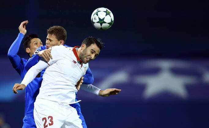 UEFA Champions League, GNK Dinamo - Sevilla 18.10.2016., Maksimir Stadium, Zagreb - UEFA Champions League, Group H, Round 3, GNK Dinamo - Sevilla FC.Leonardo Sigali, Jonas, Adil Rami.  SlavkoxMidzorPIXSELL