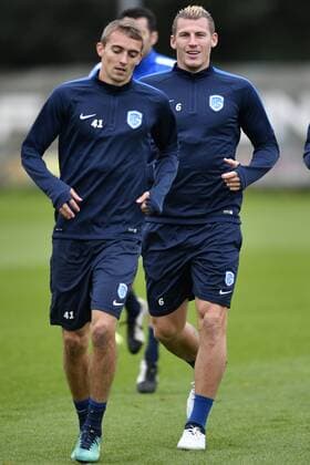 Genk s Timothy Castagne and Genk s Sebastien Dewaest pictured during a training of Belgian soccer team RC Genk, Wednesday 19 October 2016, in Genk. Tomorrow Genk is playing the third game of the group stage of the Europa League competition against Portuguese team Athletic Bilbao. YORICKxJANSENS  x04960181x