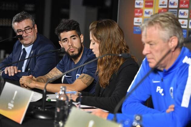 Genk s press officer Rudi Pascal, Genk s Alejandro Pozuelo, the Dutch-Spanish translator and Genk s head coach Peter Maes pictured during a press conference PK Pressekonferenz of Belgian soccer team RC Genk, Wednesday 19 October 2016, in Genk. Tomorrow Genk is playing the third game of the group stage of the Europa League competition against Portuguese team Athletic Bilbao. YORICKxJANSENS  x04960375x