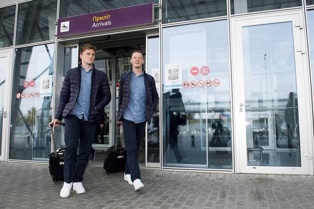 Gent s Thomas Foket and Gent s Rob Schoofs pictured during the arrival of Belgian soccer team KAA Gent, Wednesday 19 October 2016, in Lviv, Ukraine. Tomorrow Gent is playing Ukraine club Shaktar Donetsk in the third match of the group stage of the Europa League competition. JASPERxJACOBS  x04960426x