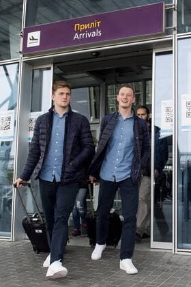 Gent s Thomas Foket and Gent s Rob Schoofs pictured during the arrival of Belgian soccer team KAA Gent, Wednesday 19 October 2016, in Lviv, Ukraine. Tomorrow Gent is playing Ukraine club Shaktar Donetsk in the third match of the group stage of the Europa League competition. JASPERxJACOBS  x04960427x