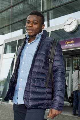 Gent s Moses Simon pictured during the arrival of Belgian soccer team KAA Gent, Wednesday 19 October 2016, in Lviv, Ukraine. Tomorrow Gent is playing Ukraine club Shaktar Donetsk in the third match of the group stage of the Europa League competition. JASPERxJACOBS  x04960415x