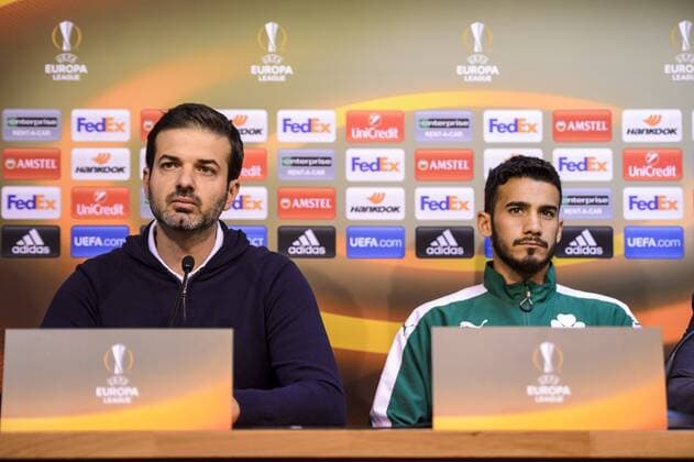 Panathinaikos head coach Italian Andrea Stramaccioni and Panathinaikos midfielder Lucas Villafanez pictured during a press conference PK Pressekonferenz of Greek soccer team Panathinaikos, Wednesday 19 October 2016, in Liege. Tomorrow Panathinaikos is playing the third game of the group stage of the Europa League competition against Belgian soccer team Standard de Liege. NICOLASxLAMBERT  x04960777x