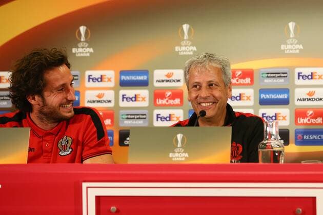 SOCCER - EL, RBS vs Nice, preview SALZBURG,AUSTRIA,19.OCT.16 - SOCCER - UEFA Europa League, group stage, Red Bull Salzburg vs OGC Nice, preview, press conference PK Pressekonferenz Nice. Image shows Paul Baysse and head coach Lucien Favre (Nice). GEPAxpictures xFelixxRoittner