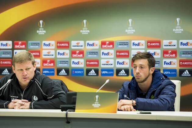 Gent s head coach Hein Vanhaezebrouck and Gent s Brecht Dejaegere pictured during a press conference PK Pressekonferenz of Belgian soccer team KAA Gent, Wednesday 19 October 2016, in Lviv, Ukraine. Tomorrow Gent is playing Ukraine club Shaktar Donetsk in the third match of the group stage of the Europa League competition. JASPERxJACOBS  x04960969x