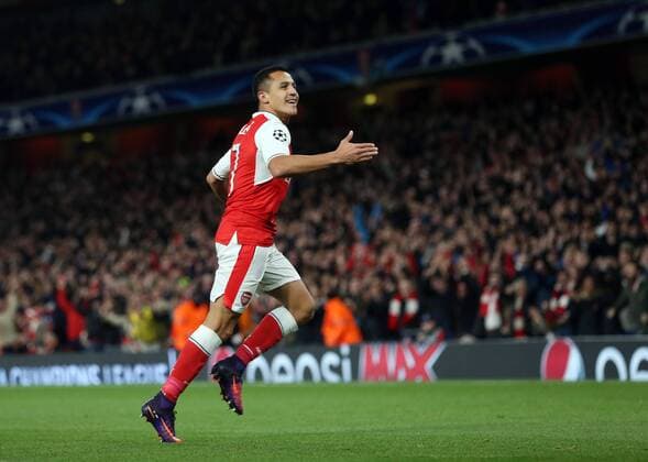 Arsenal s Alexis Sanchez celebrates scoring his sides opening goal during the Champions League group A match at the Emirates Stadium, London. Picture date October 19th, 2016 Pic David Klein Sportimage EDITORIAL USE ONLY. No use with unauthorised audio, video, data, fixture lists, club league logos or live services. Online in-match use limited to 120 images, no video emulation. No use in betting, games or single club league player publications.