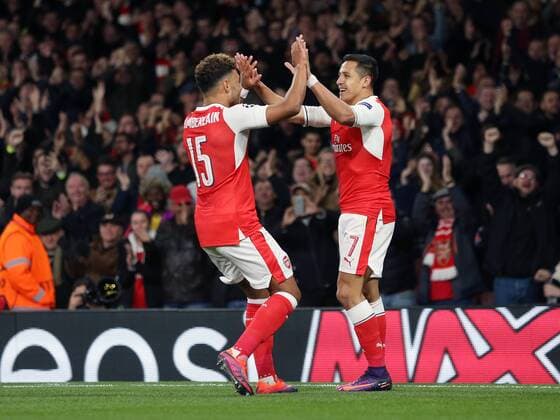 Arsenal s Alexis Sanchez celebrates scoring his sides opening goal during the Champions League group A match at the Emirates Stadium, London. Picture date October 19th, 2016 Pic David Klein Sportimage EDITORIAL USE ONLY. No use with unauthorised audio, video, data, fixture lists, club league logos or live services. Online in-match use limited to 120 images, no video emulation. No use in betting, games or single club league player publications.