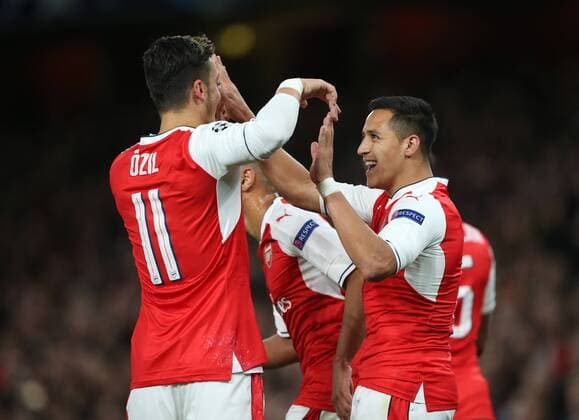 Arsenal s Alexis Sanchez celebrates scoring his sides opening goal during the Champions League group A match at the Emirates Stadium, London. Picture date October 19th, 2016 Pic David Klein Sportimage EDITORIAL USE ONLY. No use with unauthorised audio, video, data, fixture lists, club league logos or live services. Online in-match use limited to 120 images, no video emulation. No use in betting, games or single club league player publications.