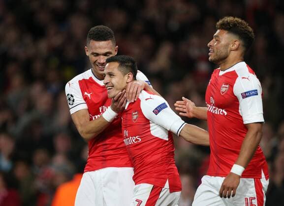 Arsenal s Alexis Sanchez celebrates scoring his sides opening goal during the Champions League group A match at the Emirates Stadium, London. Picture date October 19th, 2016 Pic David Klein Sportimage EDITORIAL USE ONLY. No use with unauthorised audio, video, data, fixture lists, club league logos or live services. Online in-match use limited to 120 images, no video emulation. No use in betting, games or single club league player publications.