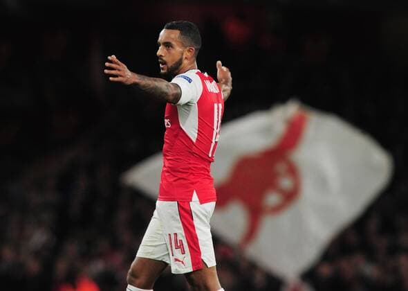 Football - 2016 2016 Champions League - Arsenal vs. PFC Ludogorets Razgrad Theo Walcott of Arsenal celebrates scoring goal no. 2 at The Emirates. COLORSPORT ANDREW COWIE 