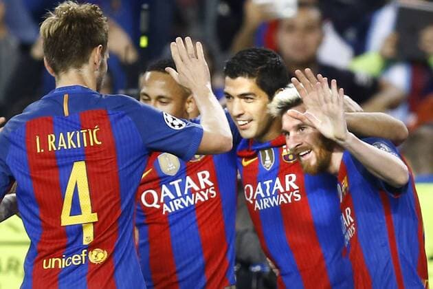 (l-r) Ivan Rakitic of FC Barcelona Barca Neymar da Silva Santos Junior of FC Barcelona, Luis Suarez of FC Barcelona, Lionel Messi of FC Barcelona scored his third goalduring the UEFA Champions League group C match between FC Barcelona and Manchester City on October 19, 2016 at the Camp Nou stadium in Barcelona, Spain. FC Barcelona v Manchester City UEFA Champions League 2016 2017 xVIxxIVx 6427413