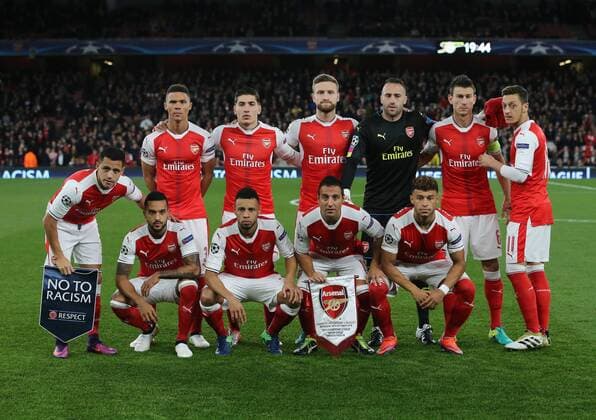 Arsenal s team for the Champions League group A match at the Emirates Stadium, London. David Ospina, Kieran Gibbs, Laurent Koscielny, Alexis Sanchez, Mesut Özil, Theo Walcott, Alex Oxlade-Chamberlain, Santi Cazorla, Shkodran Mustafi, Hector Bellerin, Francis Coquelin Picture date October 19th, 2016 EDITORIAL USE ONLY. No use with unauthorised audio, video, data, fixture lists, club league logos or live services. Online in-match use limited to 120 images, no video emulation. No use in betting, games or single club league player publications.