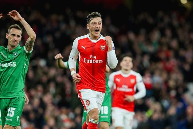 Mesut Ozil (Arsenal), OCTOBER 19, 2016 - Football Soccer : Mesut Ozil of Arsenal celebrates as he scores a goal and completes a hat-trick to make it 6-0 during the UEFA Champions League Group Stage match between Arsenal and Ludogorets Razgrad at Emirates Stadium in London, England. Noxthirdxpartyxsales  (mdga012258)