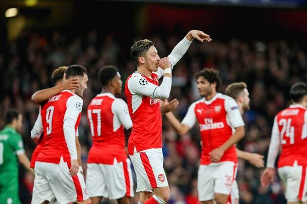 Mesut Ozil (Arsenal), OCTOBER 19, 2016 - Football Soccer : Mesut Ozil of Arsenal celebrates as he scores a goal and completes a hat-trick to make it 6-0 during the UEFA Champions League Group Stage match between Arsenal and Ludogorets Razgrad at Emirates Stadium in London, England. Noxthirdxpartyxsales  (mdga012262)