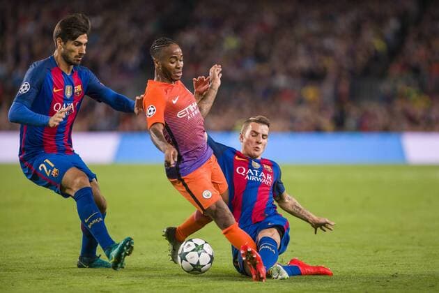 SPAIN - Oct,19th: Raheem Sterling, Andre Gomes and Digne during t the match between FC FC Barcelona Barca - Manchester City, for the round 1 of the Champions League, played at Camp Nou Stadium on 19th Oct 2016 in Barcelona, Spain.  xCordonxPressx xSPAINx-xFCxBarcelonax-xManchesterxCityx-xxChampionsxLeaguex-x2016 17x
