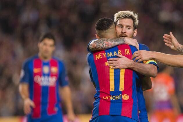 SPAIN - Oct,19th: Neymar celebrates scoring the goal with Leo Messi during t the match between FC FC Barcelona Barca - Manchester City, for the round 1 of the Champions League, played at Camp Nou Stadium on 19th Oct 2016 in Barcelona, Spain.  xCordonxPressx xSPAINx-xFCxBarcelonax-xManchesterxCityx-xxChampionsxLeaguex-x2016 17x