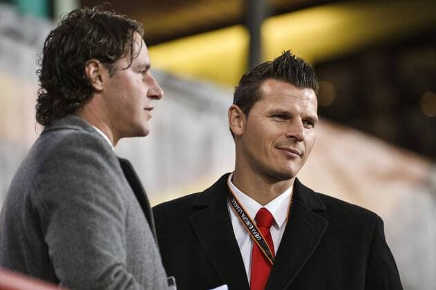 Standard s sporting director Olivier Renard and Standard s sports director Daniel Van Buyten pictured during a third game of the group stage (group G) of the Europa League competition between Belgian soccer team Standard de Liege and Greek soccer team Panathinaikos, Thursday 20 October 2016, in Liege. NICOLASxLAMBERT  x04962320x