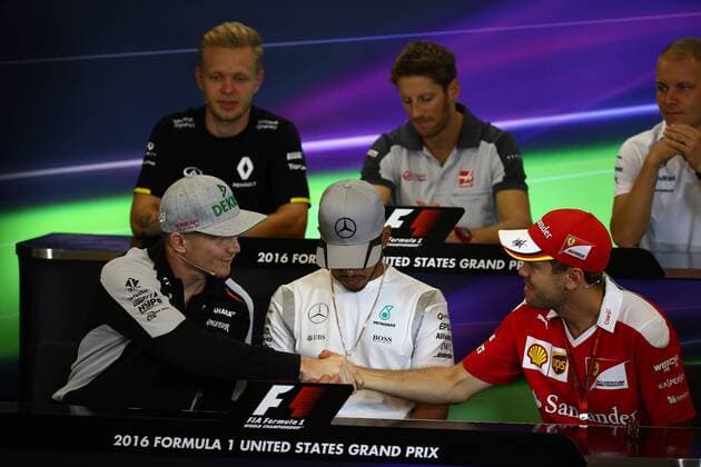 United States Grand Prix, Austin 20 - 23 October 2016 20.10.2016 - press conference PK Pressekonferenz (Row Back) Kevin Magnussen (DEN) Renault F1 Team RS16, Romain Grosjean (FRA) Haas F1 Team VF-16, Valtteri Bottas (FIN) Williams FW38, Nico Hulkenberg (GER) Sahara Force India F1 VJM09, Lewis Hamilton (GBR) Mercedes AMG F1 W07 Hybrid and Sebastian Vettel (GER) Scuderia Ferrari SF16-H 