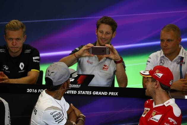 United States Grand Prix, Austin 20 - 23 October 2016 20.10.2016 - press conference PK Pressekonferenz Lewis Hamilton (GBR) Mercedes AMG F1 W07 Hybrid, Sebastian Vettel (GER) Scuderia Ferrari SF16-H and Romain Grosjean (FRA) Haas F1 Team VF-16 