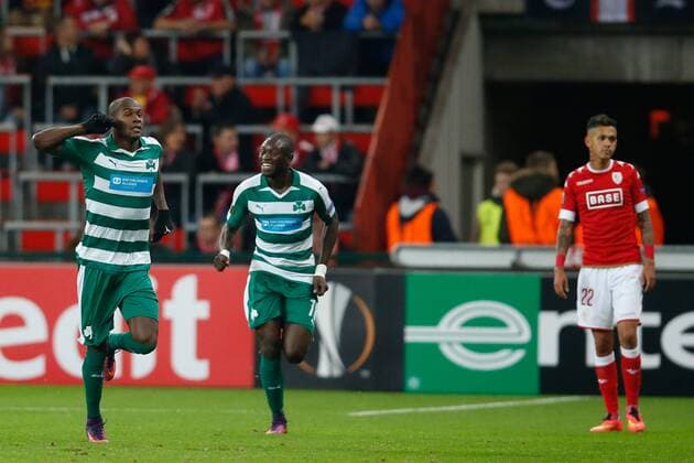 Panathinaikos forward Victor Ibarbo celebrates after scoring during a third game of the group stage (group G) of the Europa League competition between Belgian soccer team Standard de Liege and Greek soccer team Panathinaikos, Thursday 20 October 2016, in Liege. BRUNOxFAHY  x04962333x