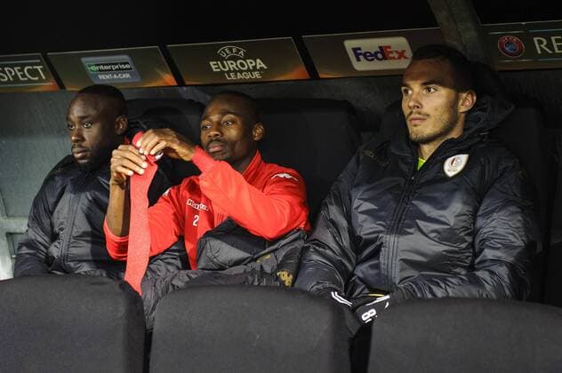 Standard s Reginal Goreux, Standard s Eyong Enoh and Standard s goalkeeper Guillaume Hubert pictured during a third game of the group stage (group G) of the Europa League competition between Belgian soccer team Standard de Liege and Greek soccer team Panathinaikos, Thursday 20 October 2016, in Liege. NICOLASxLAMBERT  x04962336x