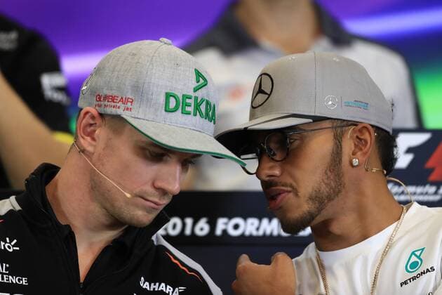 20.10.2016. Austin, Texas, UUSA. Formula 1 Grand prix of America. Drivers press conference PK Pressekonferenz and inspection day. Mercedes AMG Petronas - Lewis Hamilton and Sahara Force India - Nico Hulkenberg talk xLeannexBoonx  ActionPlus11802183