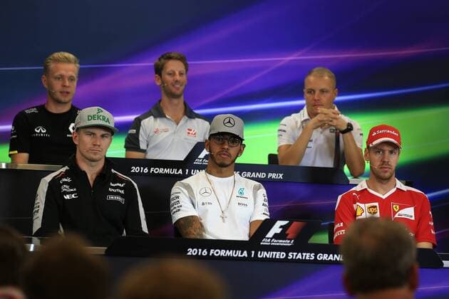 20.10.2016. Austin, Texas, UUSA. Formula 1 Grand prix of America. Drivers press conference PK Pressekonferenz and inspection day. Mercedes AMG Petronas - Lewis Hamilton, Haas F1 Team - Romain Grosjean, Renault F1 Team - Kevin Magnussen; Sahara Force India - Nico Hulkenberg, Williams Martini Racing - Valtteri Bottas and Scuderia Ferrari - Sebastian Vettel xLeannexBoonx  ActionPlus11802191