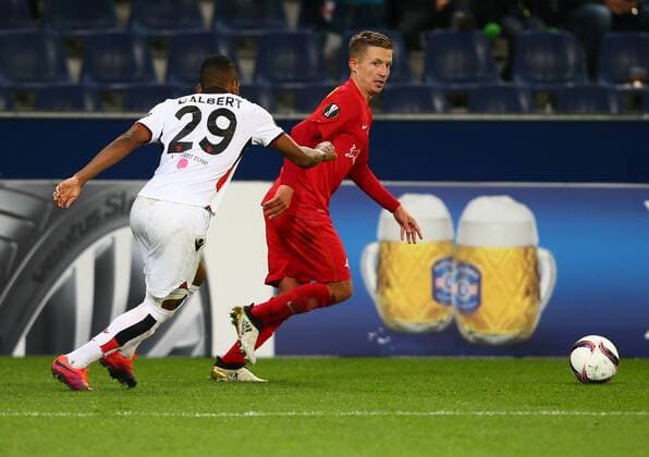 SOCCER - EL, RBS vs Nice SALZBURG,AUSTRIA,20.OCT.16 - SOCCER - UEFA Europa League, group stage, Red Bull Salzburg vs OGC Nice. Image shows Marc Rzatkowski (RBS) and Dalbert Estevao (Nice). GEPAxpictures xFelixxRoittner