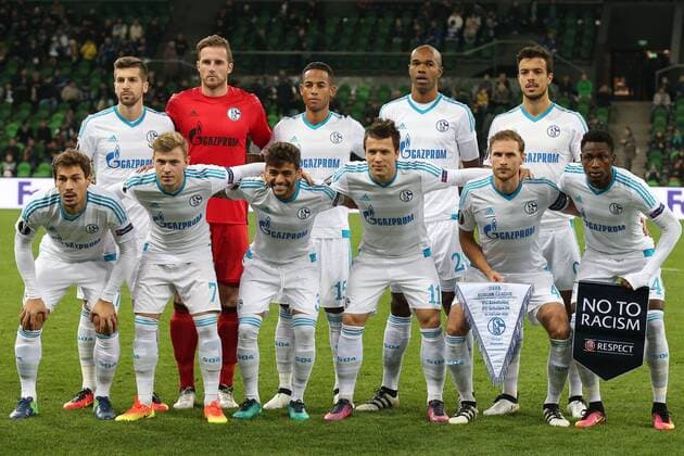 KRASNODAR, RUSSIA - OCTOBER 20, 2016: FC Schalke 04 s Benjamin Stambouli, Maximilian Max Meyer, Junior Caicara, Yevhen Konoplyanka, Benedikt Hoewedes, Abdul Baba Rahman (L-R front), Matija Nastasic, goalkeeper Ralf Faehrmann, Dennis Aogo, Naldo, and Franco Di Santo (L-R background) pose for a group photo ahead of their 2016 17 Season UEFA Europa League Group I Round 3 football match against FC Krasnodar at Krasnodar Stadium. Vitaly Timkiv TASS  TS0350D1