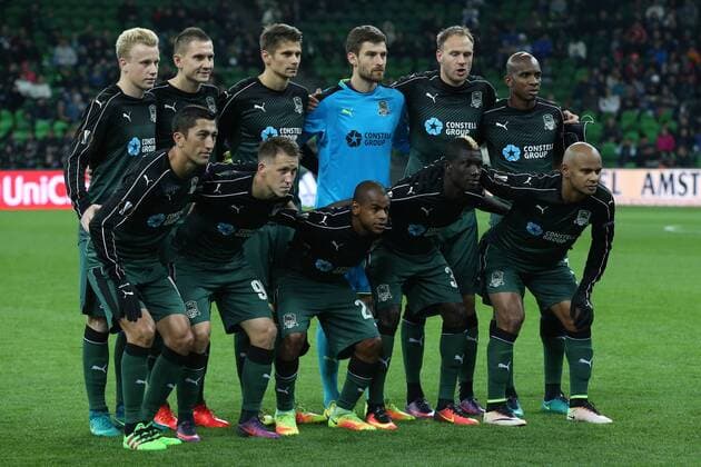 KRASNODAR, RUSSIA - OCTOBER 20, 2016: FC Krasnodar s Odil Ahmedov, Sergei Petrov, Joaozinho, Kouassi Eboue, Ari (L-R front), Vyacheslav Podberyozkin, Artur Jedrzejczyk, Alexander Martynovich, goalkeeper Stanislav Kritsyuk, Andreas Granqvist, and Charles Kabore (L-R background) pose for a group photo ahead of their 2016 17 Season UEFA Europa League Group I Round 3 football match against FC Schalke 04 at Krasnodar Stadium. Vitaly Timkiv TASS  TS0350D2
