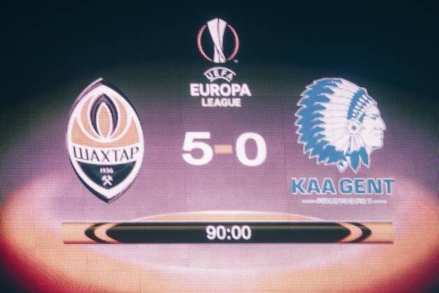 Scoreboard shows 5-0 after a third game of the group stage (group H) of the Europa League competition between Ukraine club Shaktar Donetsk and Belgian soccer team KAA Gent, Thursday 20 October 2016, in Lviv, Ukraine. JASPERxJACOBS  x04962585x