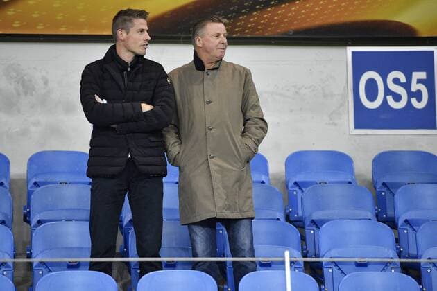 Genk s technical director of the youth academy Koen Daerden and his father Jos Daerden pictured before the start of a third game of the group stage (group F) of the Europa League competition between Belgian soccer team RC Genk and Portuguese soccer team Athletic Bilbao, Thursday 20 October 2016, in Genk. YORICKxJANSENS  x04962621x