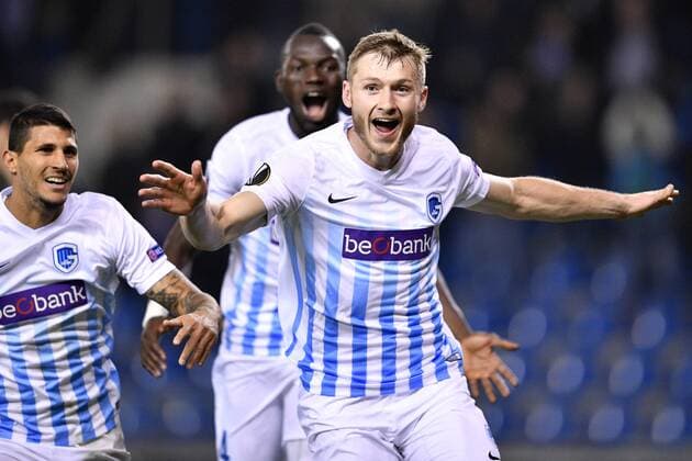 Genk s Jakub Brabec celebrates after scoring during a third game of the group stage (group F) of the Europa League competition between Belgian soccer team RC Genk and Portuguese soccer team Athletic Bilbao, Thursday 20 October 2016, in Genk. YORICKxJANSENS  x04962690x