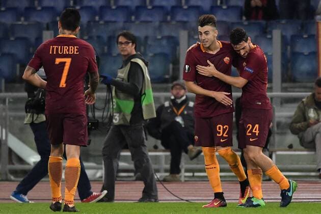 Stephan El Shaarawy Roma Goal celebration 2-1 with Alessandro Florenzi, Manuel Iturbe Roma 20-10-2016 Stadio Olimpico Football Calcio Europa League AS Roma - Austria Wien AndreaxStaccioli