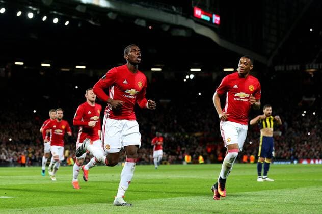 Paul Pogba of Manchester United ManU celebrates after scoring his sides first goal during the UEFA Europa League match at Old Trafford, Manchester. Picture date: October 20th, 2016. Pic Matt McNulty Sportimage EDITORIAL USE ONLY. No use with unauthorised audio, video, data, fixture lists, club league logos or live services. Online in-match use limited to 120 images, no video emulation. No use in betting, games or single club league player publications.