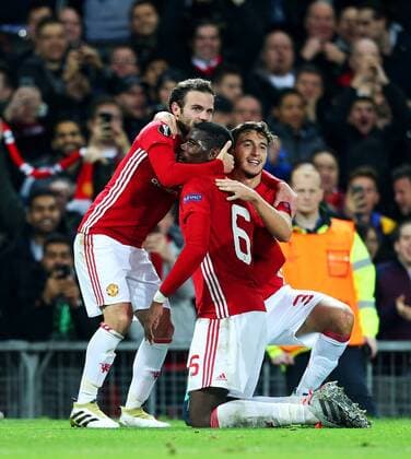 Paul Pogba of Manchester United ManU celebrates after scoring his sides third goal during the UEFA Europa League match at Old Trafford, Manchester. Picture date: October 20th, 2016. Pic Matt McNulty Sportimage EDITORIAL USE ONLY. No use with unauthorised audio, video, data, fixture lists, club league logos or live services. Online in-match use limited to 120 images, no video emulation. No use in betting, games or single club league player publications.