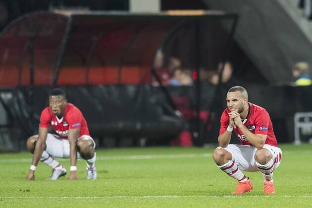 (L-R) Fred Friday of AZ Alkmaar, Ilias Bel Hassani of AZ Alkmaarduring the UEFA Europa League group D match between AZ Alkmaar and Maccabi Tel Aviv on October 20, 2016 at the AFAS stadium in Alkmaar, The Netherlands. AZ v Maccabi Tel Aviv UEFA Europa League 2016 2017 xVIxGerritxvanxKeulenxIVx 6432415