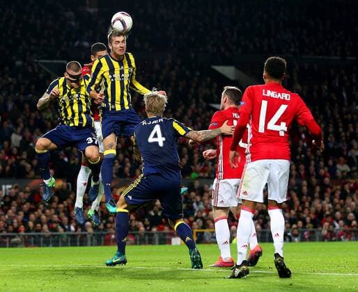 Roman Neustadter of Fenerbahce wins a header during the UEFA Europa League match at Old Trafford, Manchester. Picture date: October 20th, 2016. Pic Matt McNulty Sportimage EDITORIAL USE ONLY. No use with unauthorised audio, video, data, fixture lists, club league logos or live services. Online in-match use limited to 120 images, no video emulation. No use in betting, games or single club league player publications.