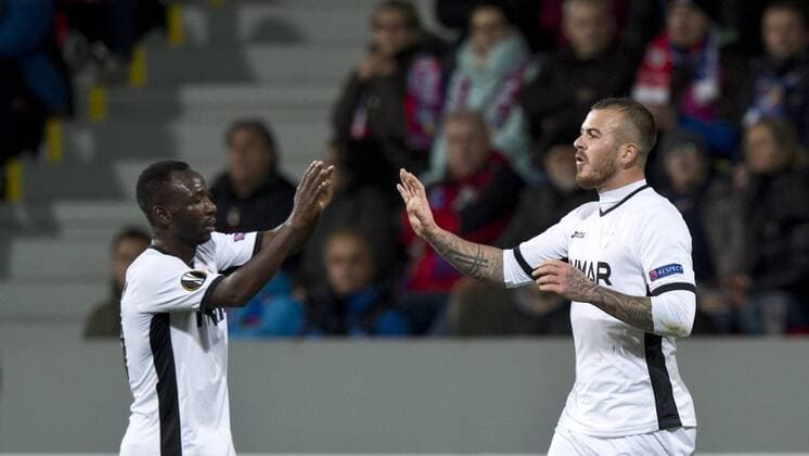 Denis Alibec, right, and Boubacar Mansaly of Astra celebrate a goal during the European Football League third round group E match FC Viktoria Plzen vs FC Astra Giurgiu in Pilsen, Czech Republic, October 20, 2016. (CTKxPhoto MichalxKamaryt) CTKPhotoP201610201291601  kmt 6