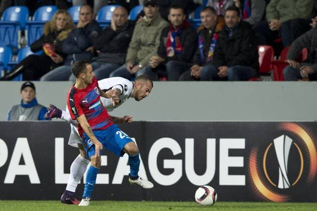 Ergys Kace, left, of Viktoria and Denis Alibec of Astra in action during the European Football League third round group E match FC Viktoria Plzen vs FC Astra Giurgiu in Pilsen, Czech Republic, October 20, 2016. (CTKxPhoto MichalxKamaryt) CTKPhotoP201610201227601  kmt 2